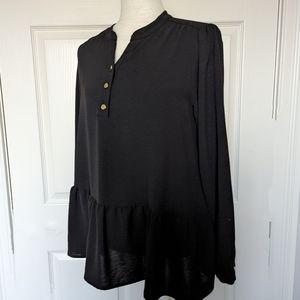 Ady P Black Long Sleeve V Neck Ruffled Bottom Gold Buttons Sz Med